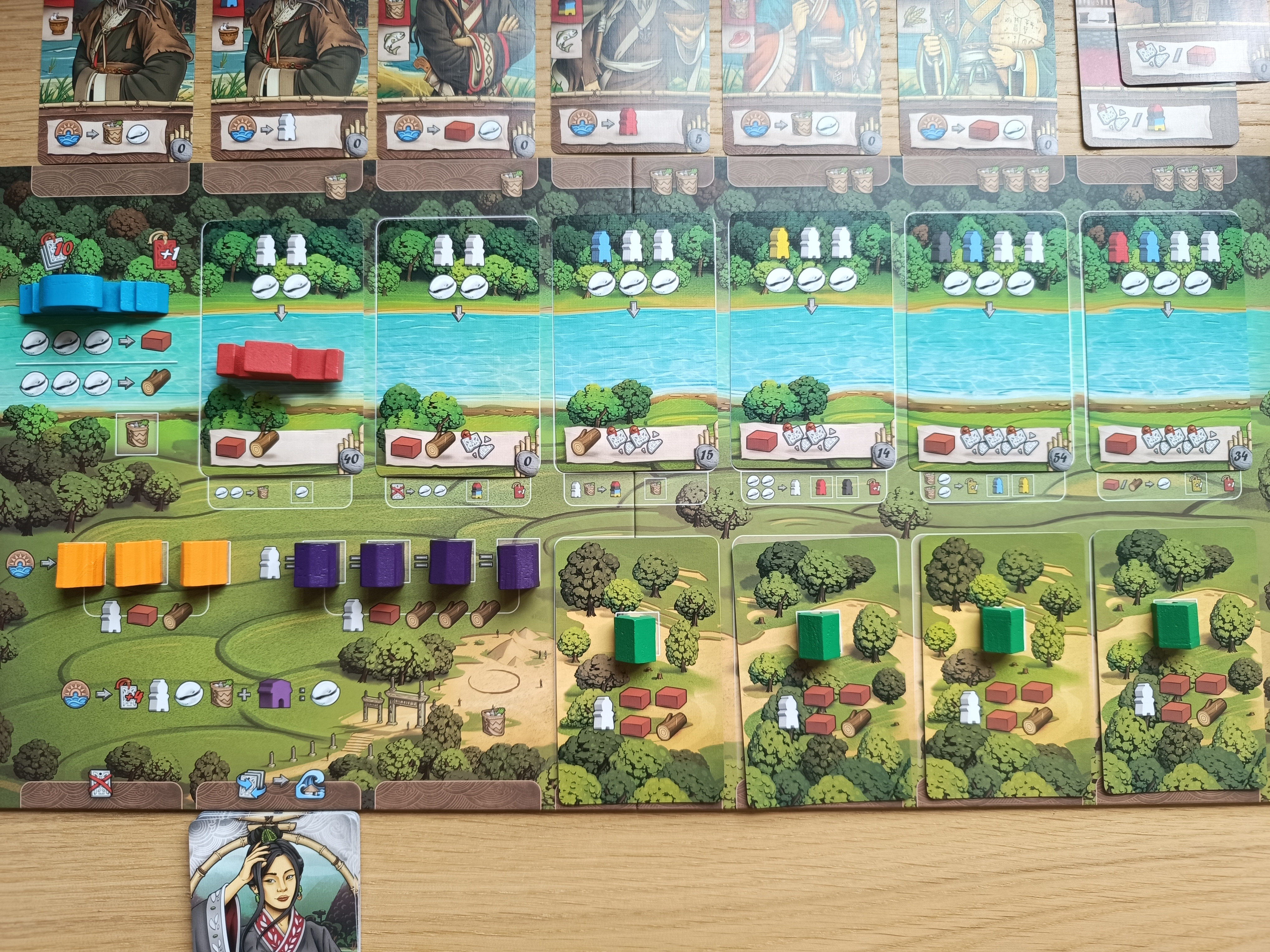 Legacy of Yu main board showing the Flood, Barge, canal cards and buildings mid-game