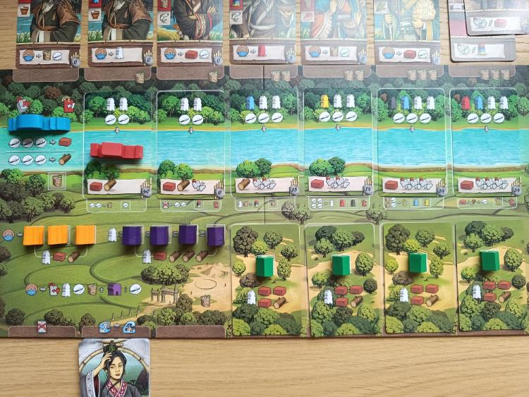 Legacy of Yu main board showing the Flood, Barge, canal cards and buildings mid-game