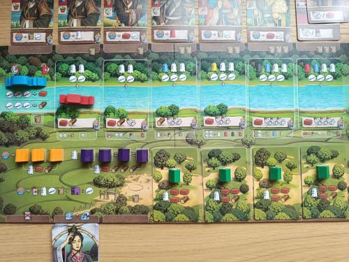 Legacy of Yu main board showing the Flood, Barge, canal cards and buildings mid-game