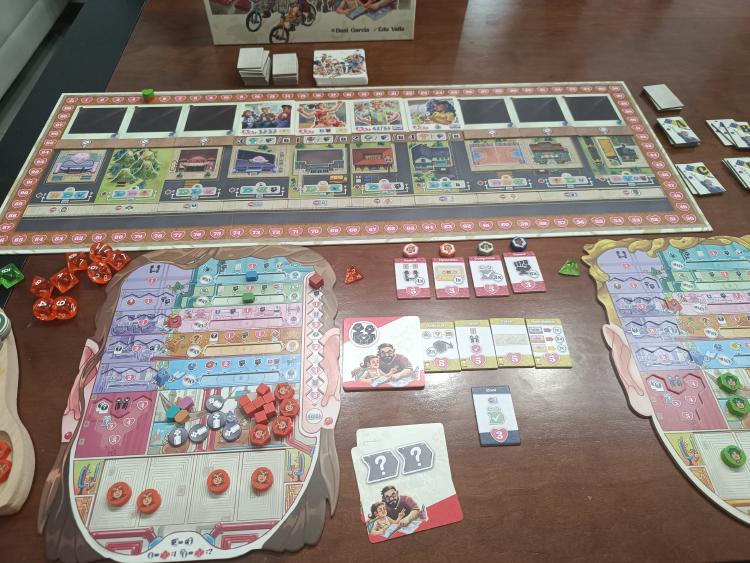 Coming of Age game board in progress, showing the timeline track, dice, personality tokens and character sheets