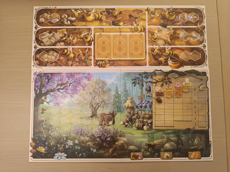 Honey Buzz boards showing the honeycomb hive and the flowering meadow