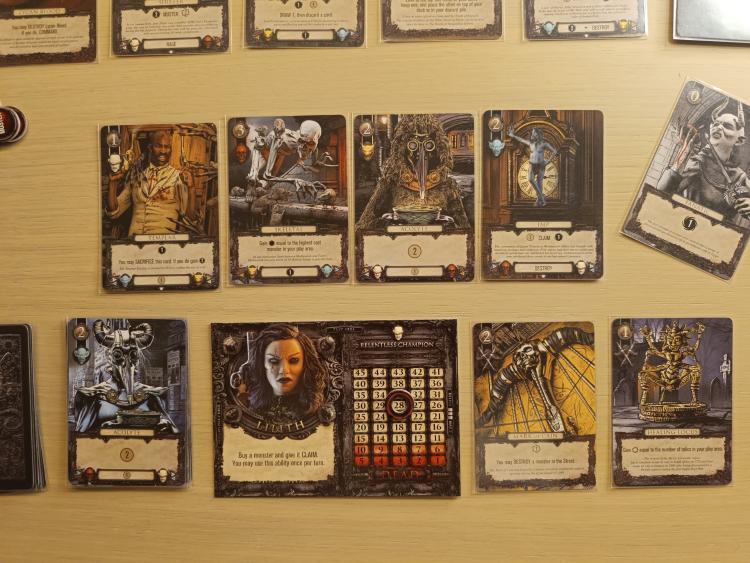 A row of Terrors of London cards including the Templar, Skeletal, Acolyte and Imp, with the Mark of Cain and Healing Locus relics